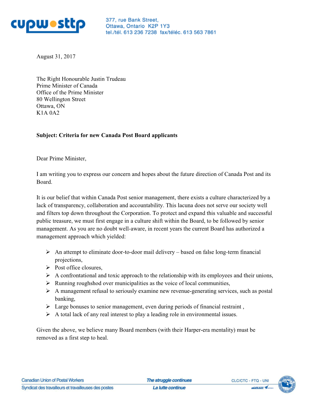 Letter to PM Trudeau – Criteria for New Canada Post Board