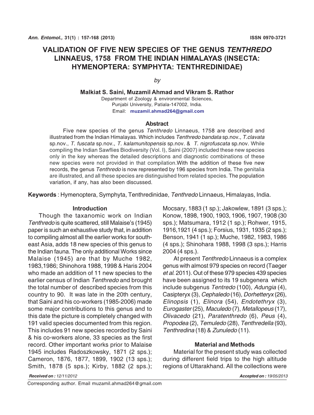 Validation of Five New Species of the Genus Tenthredo Linnaeus, 1758 from the Indian Himalayas (Insecta: Hymenoptera: Symphyta: Tenthredinidae)