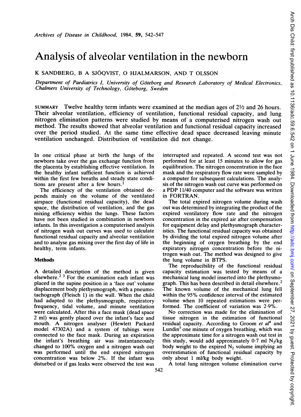 Analysis of Alveolar Ventilation Inthe Newborn