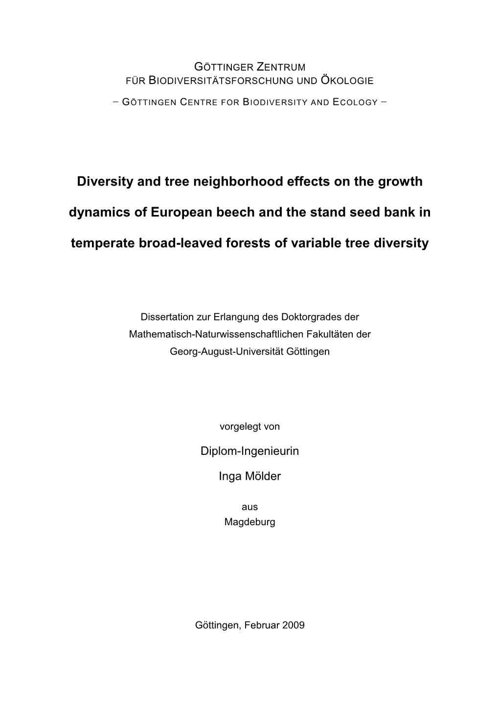 Diversity and Tree Neighborhood Effects on the Growth Dynamics of European Beech and the Stand Seed Bank In