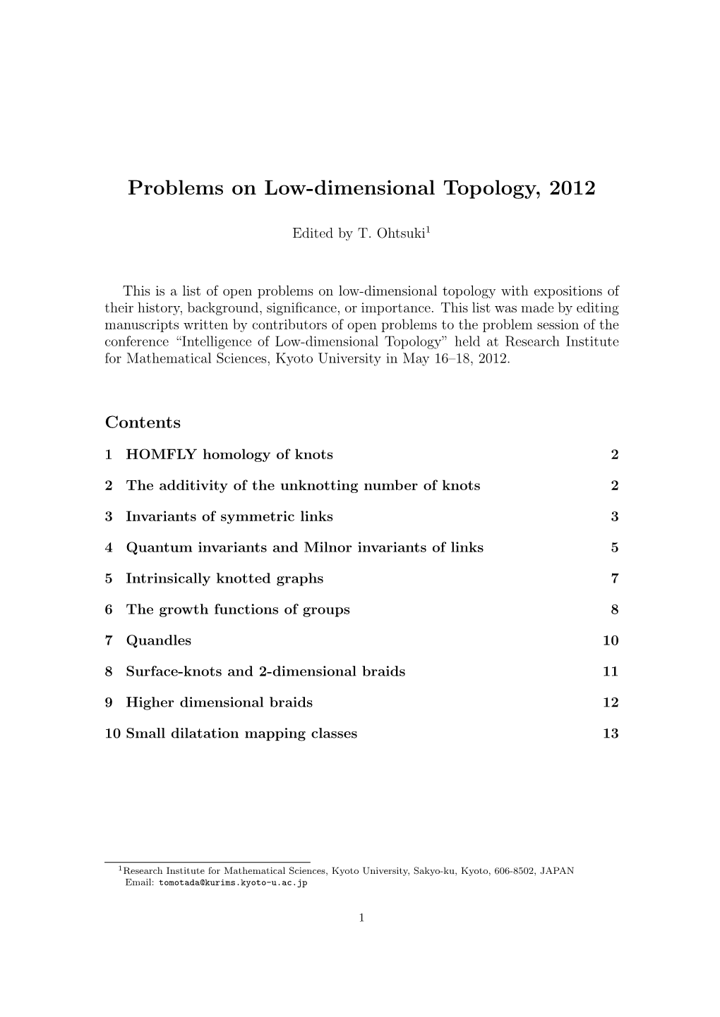 Problems on Low-Dimensional Topology, 2012
