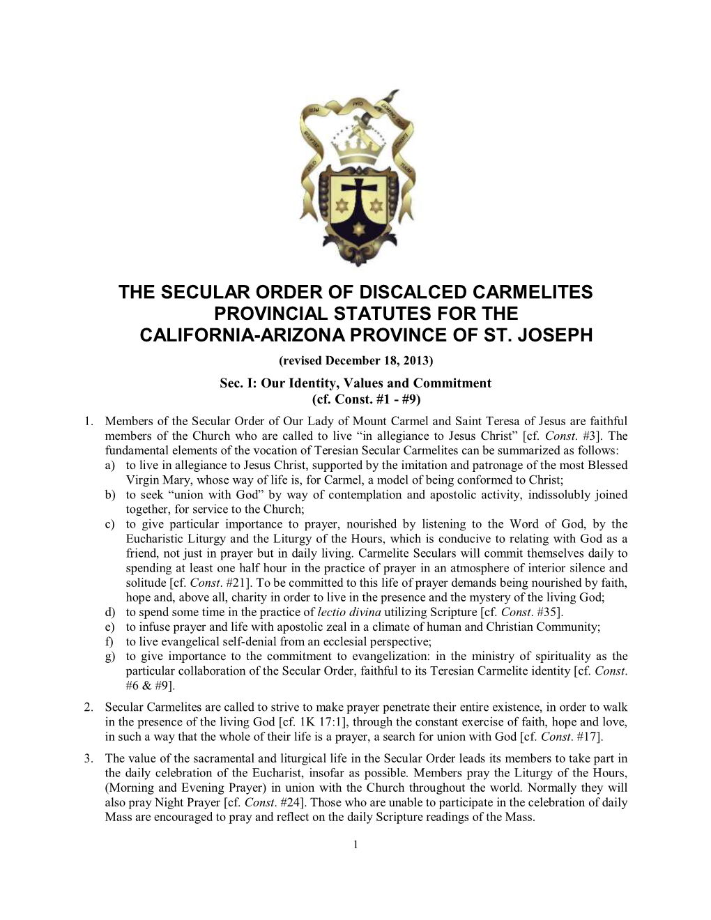 The Secular Order of Discalced Carmelites Provincial Statutes for the California-Arizona Province of St