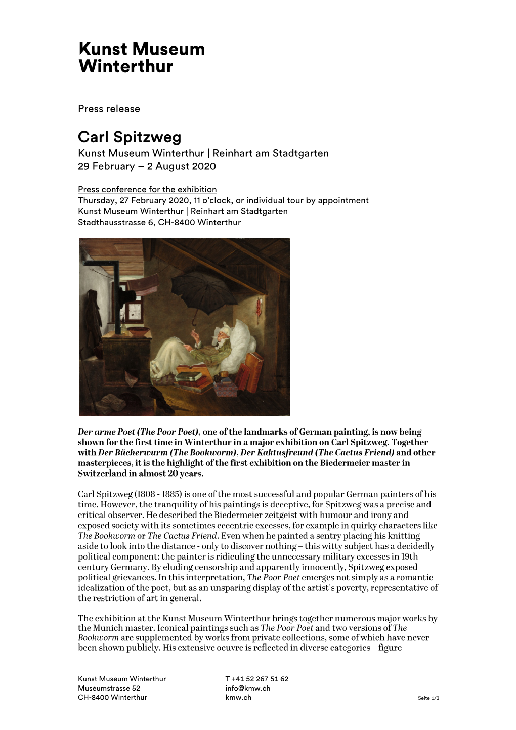 Carl Spitzweg Kunst Museum Winterthur | Reinhart Am Stadtgarten 29 February – 2 August 2020