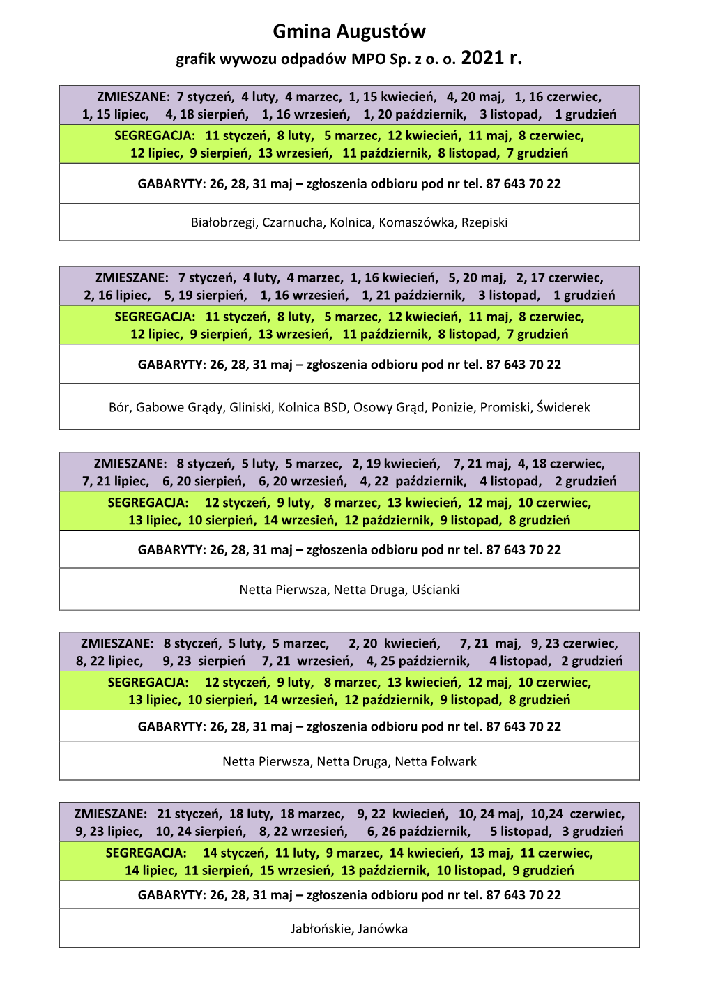 Augustów Grafik Wywozu Odpadów MPO Sp