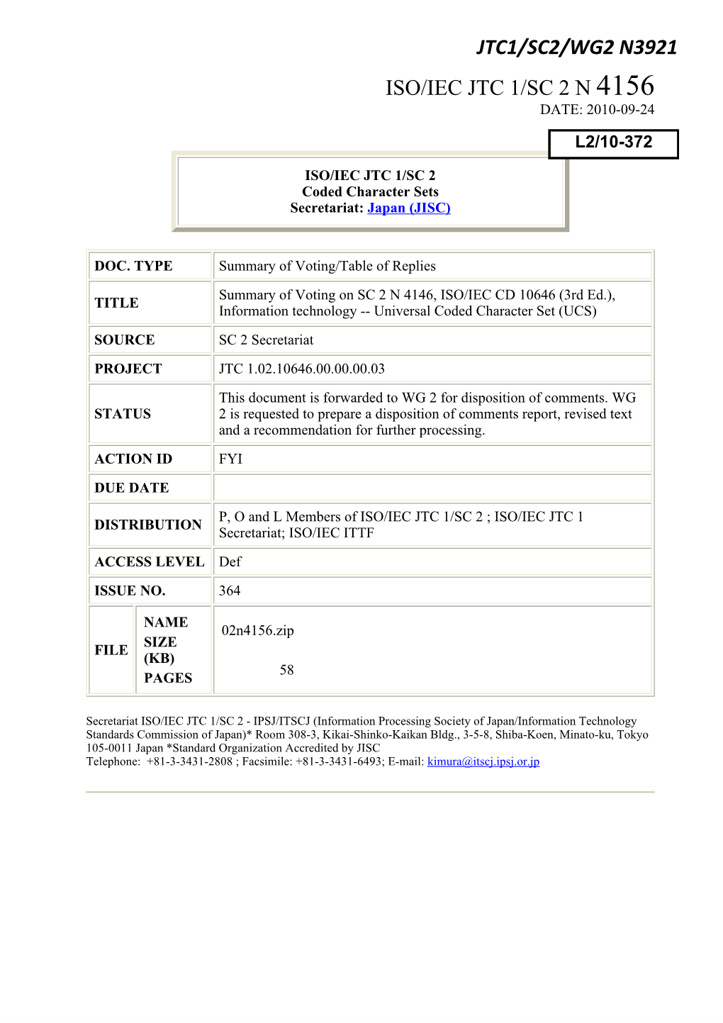 Jtc1/Sc2/Wg2 N3921 Iso/Iec Jtc 1/Sc 2 N 4156 Date: 2010-09-24