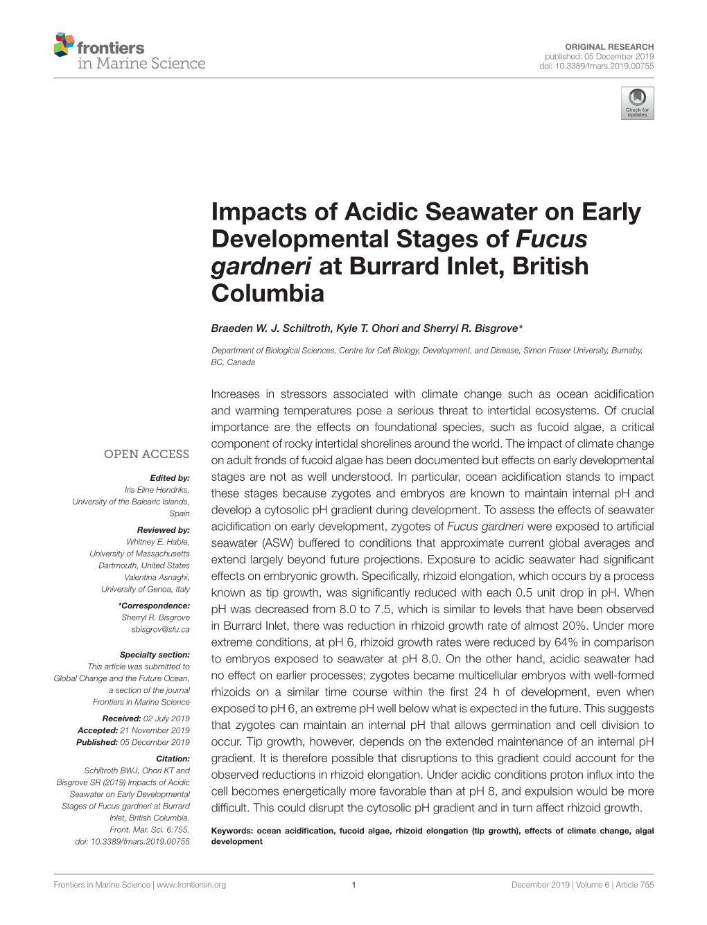 Impacts of Acidic Seawater on Early Developmental Stages of Fucus Gardneri at Burrard Inlet, British Columbia