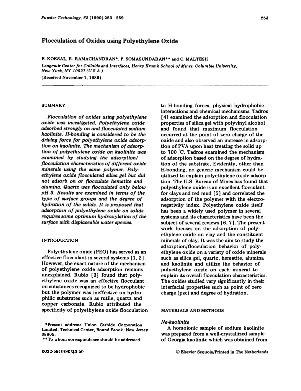 Flocculation of Oxides Using Polyethylene Oxide