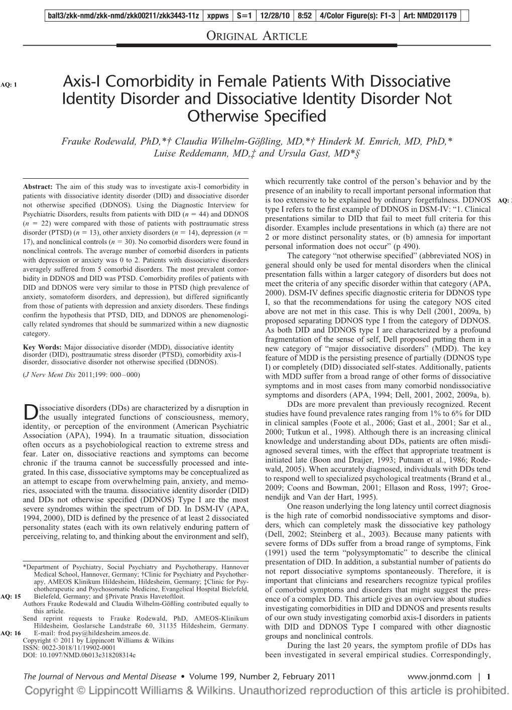 Axis-I Comorbidity in Female Patients with Dissociative Identity Disorder and Dissociative Identity Disorder Not Otherwise Specified