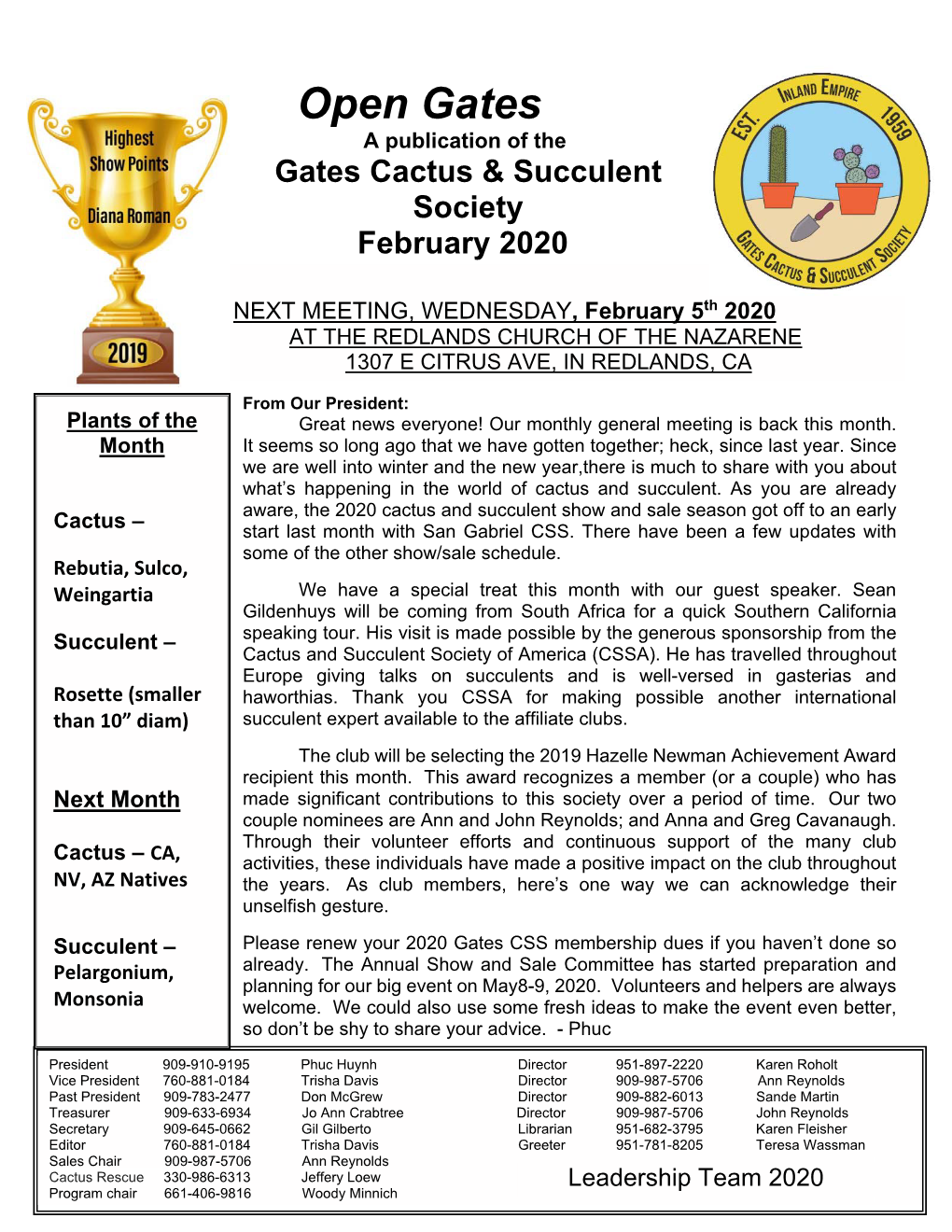 Open Gates a Publication of the Gates Cactus & Succulent Society February 2020