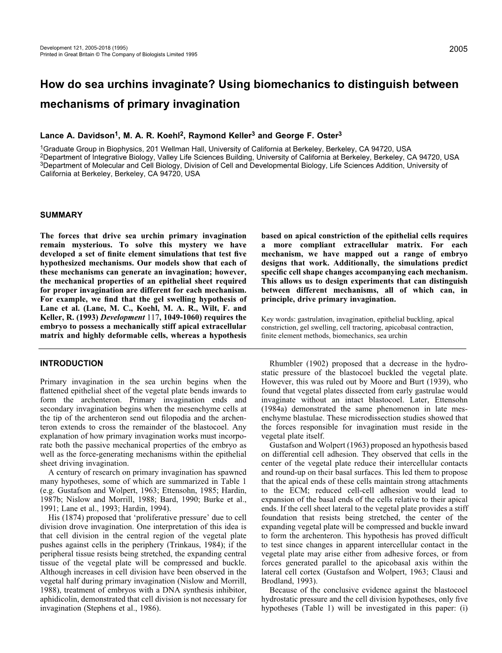 How Do Sea Urchins Invaginate? Using Biomechanics to Distinguish Between Mechanisms of Primary Invagination