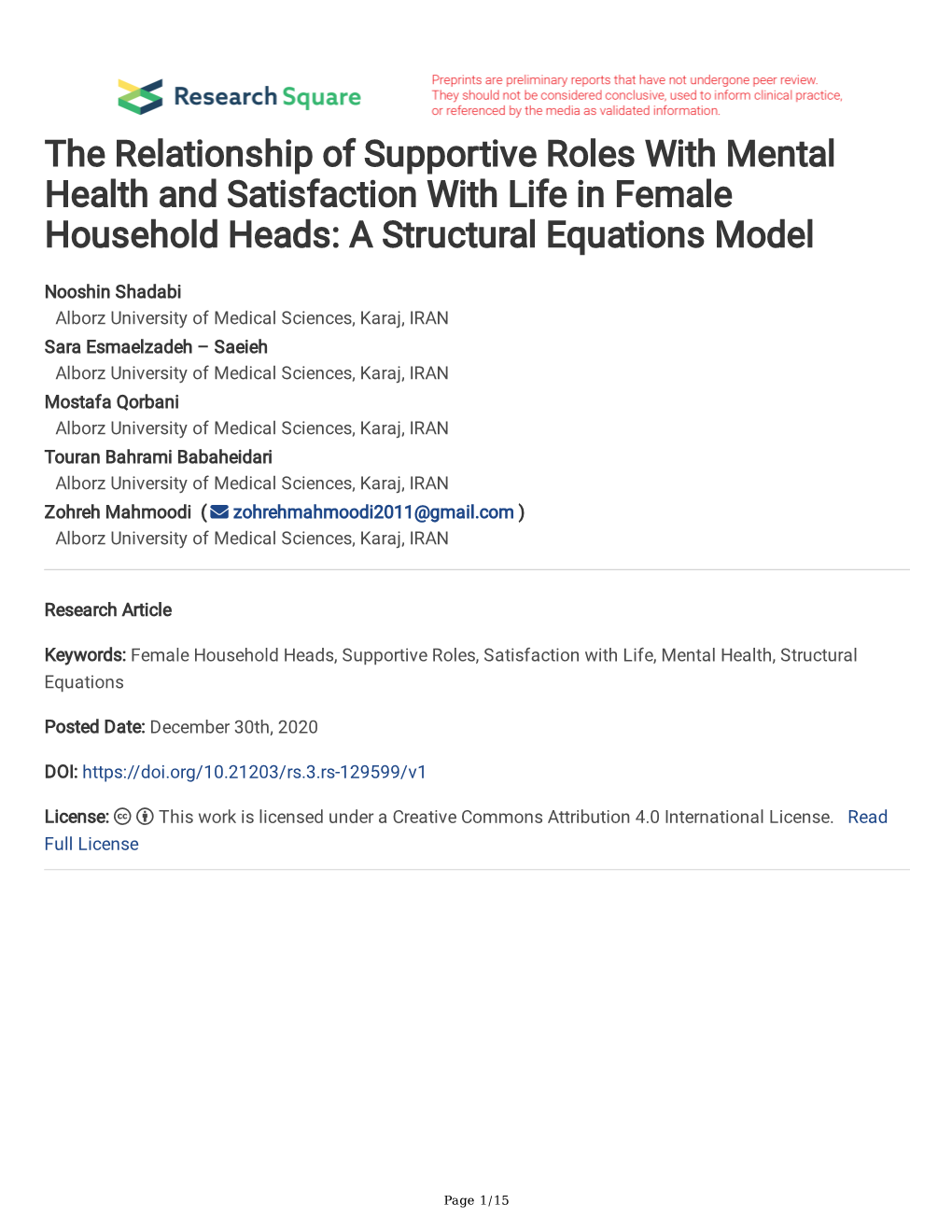 The Relationship of Supportive Roles with Mental Health and Satisfaction with Life in Female Household Heads: a Structural Equations Model