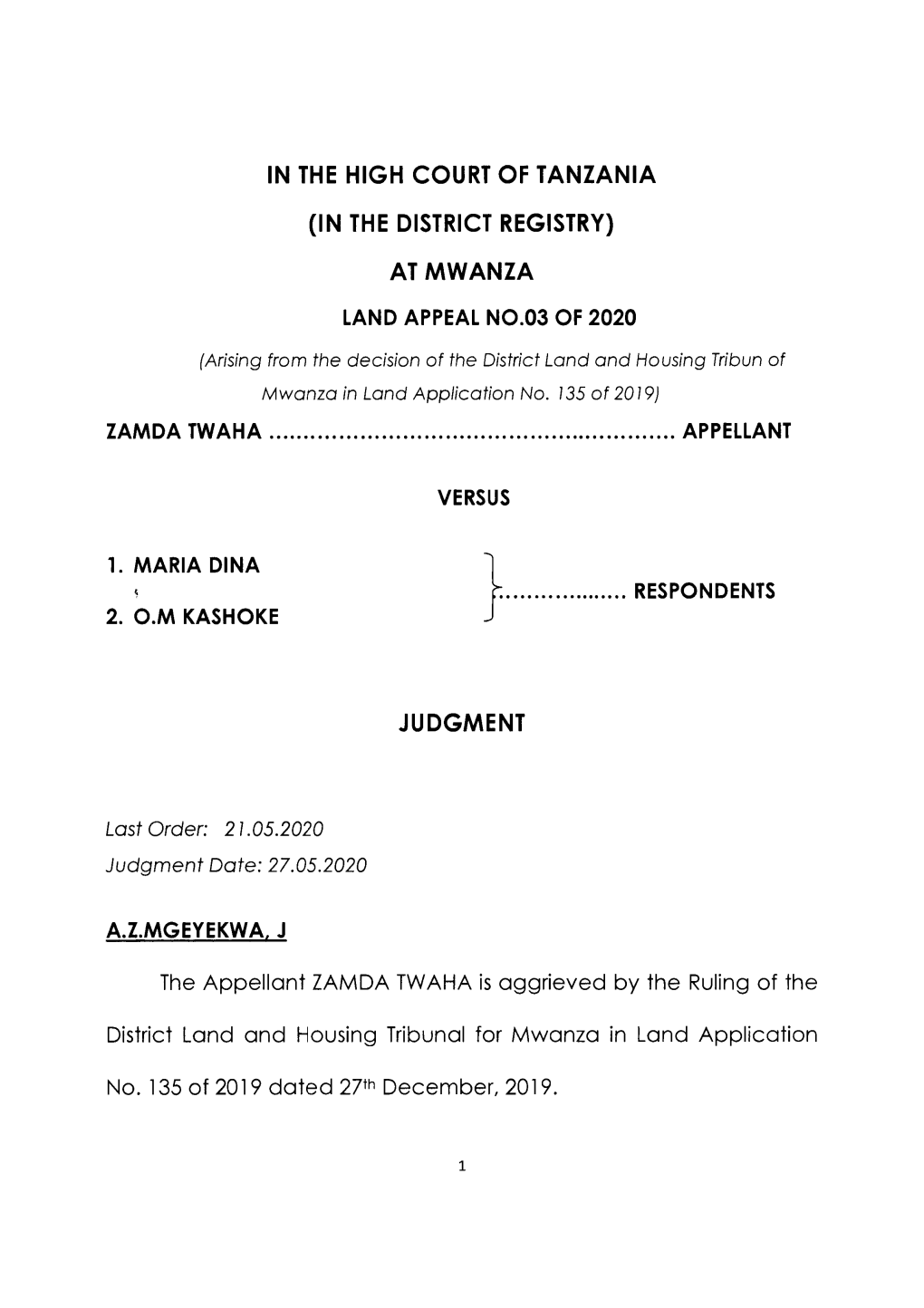 In the High Court of Tanzania (In the District Registry) at Mwanza Judgment