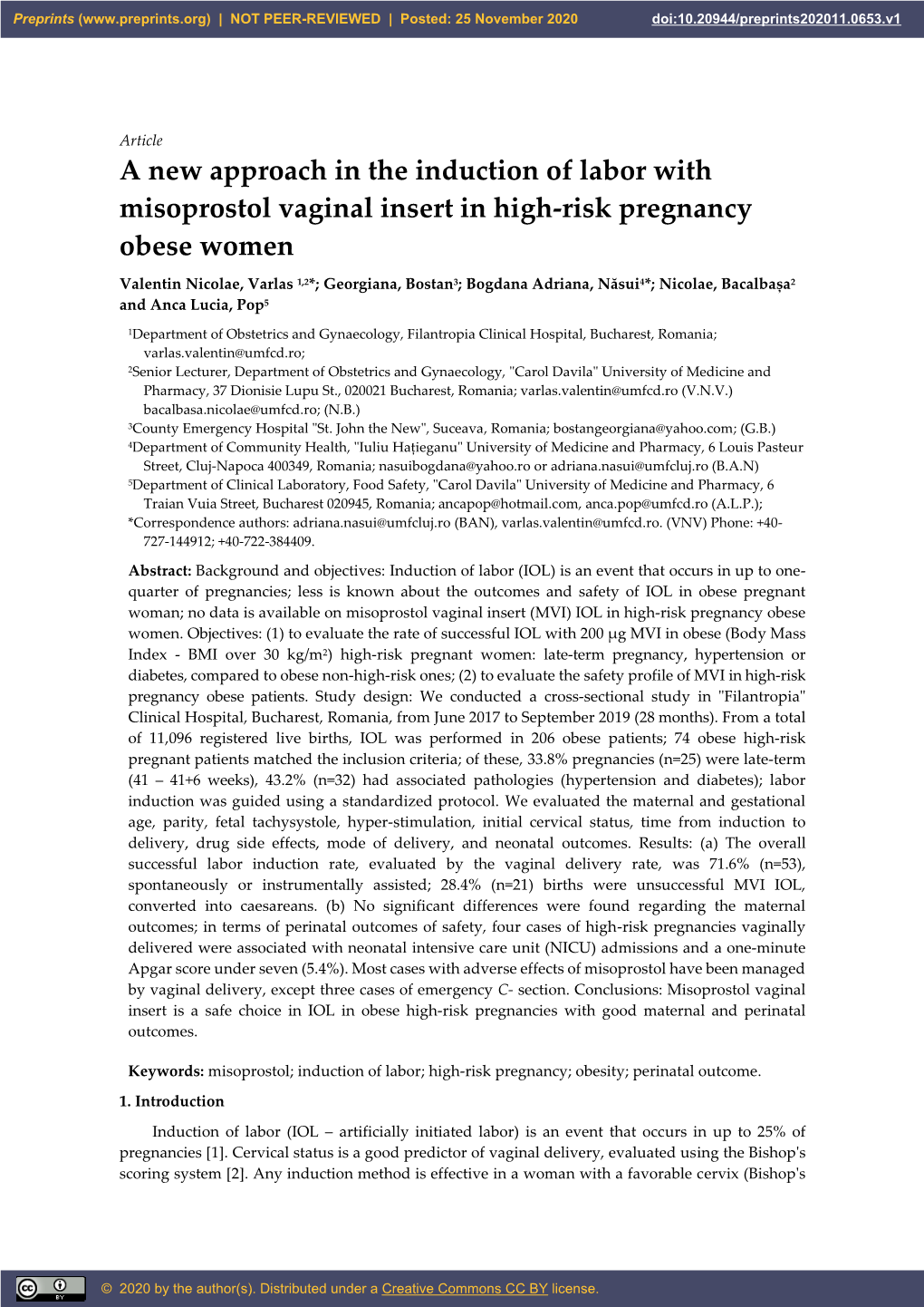 A New Approach in the Induction of Labor with Misoprostol Vaginal Insert in High-Risk Pregnancy Obese Women