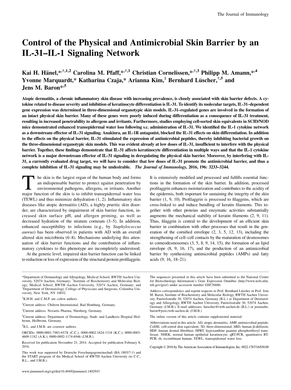 Control of the Physical and Antimicrobial Skin Barrier by an IL-31–IL-1 Signaling Network