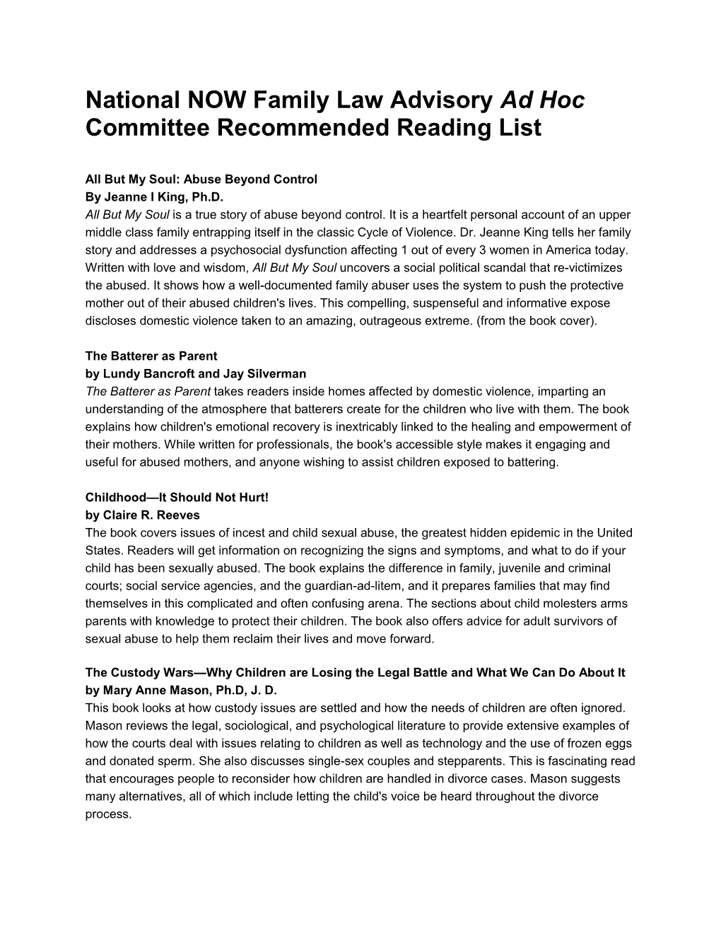 National NOW Family Law Advisory Ad Hoc Committee Recommended Reading List