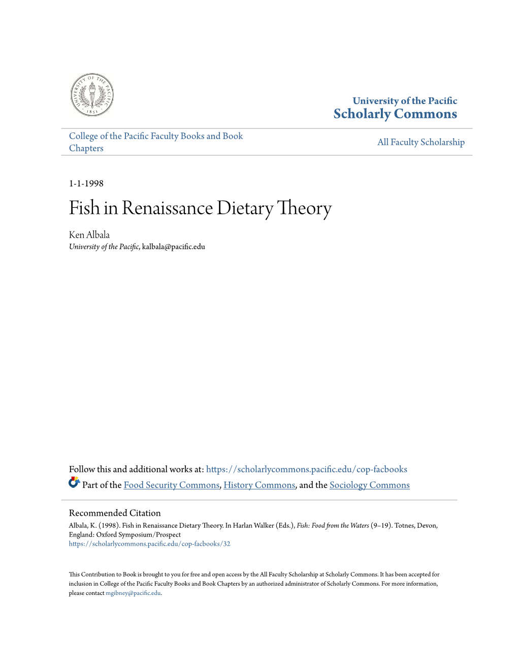 Fish in Renaissance Dietary Theory Ken Albala University of the Pacific, Kalbala@Pacific.Edu