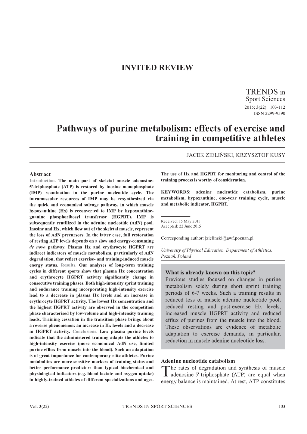 Pathways of Purine Metabolism: Effects of Exercise and Training in Competitive Athletes