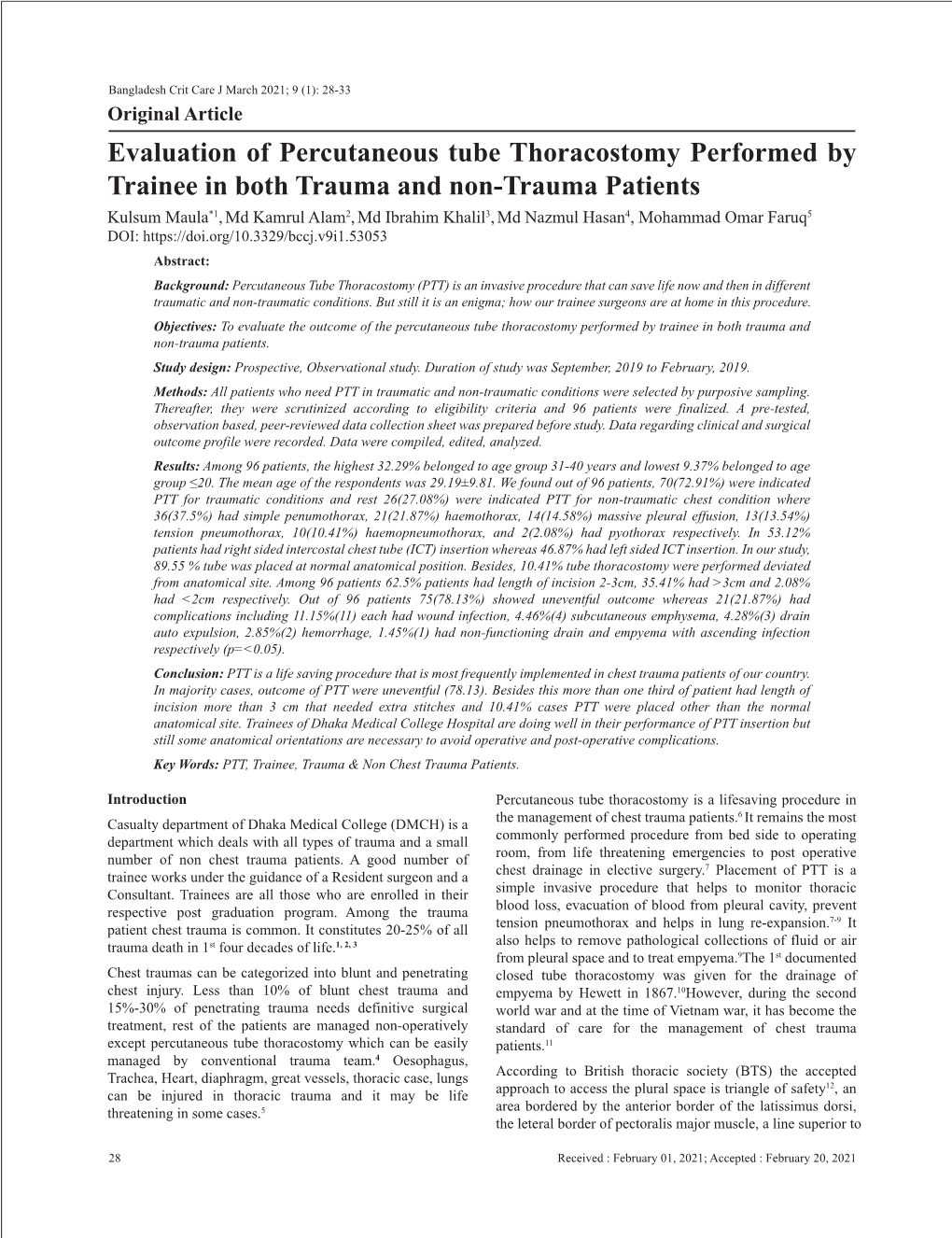 Evaluation of Percutaneous Tube Thoracostomy Performed By