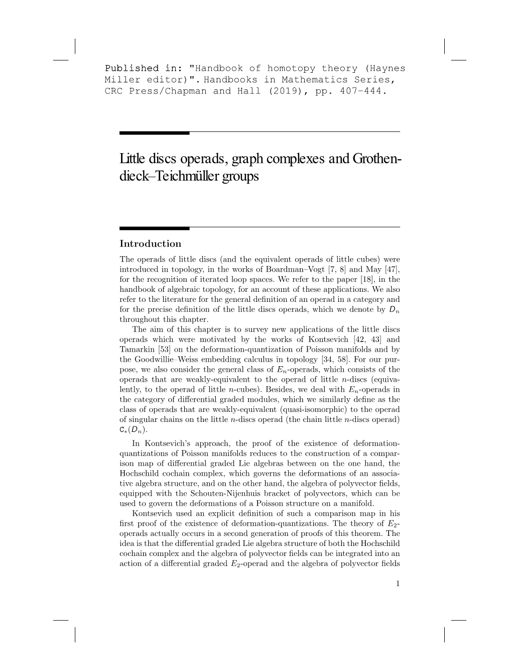 Little Discs Operads, Graph Complexes and Grothen- Dieck–Teichmüller Groups