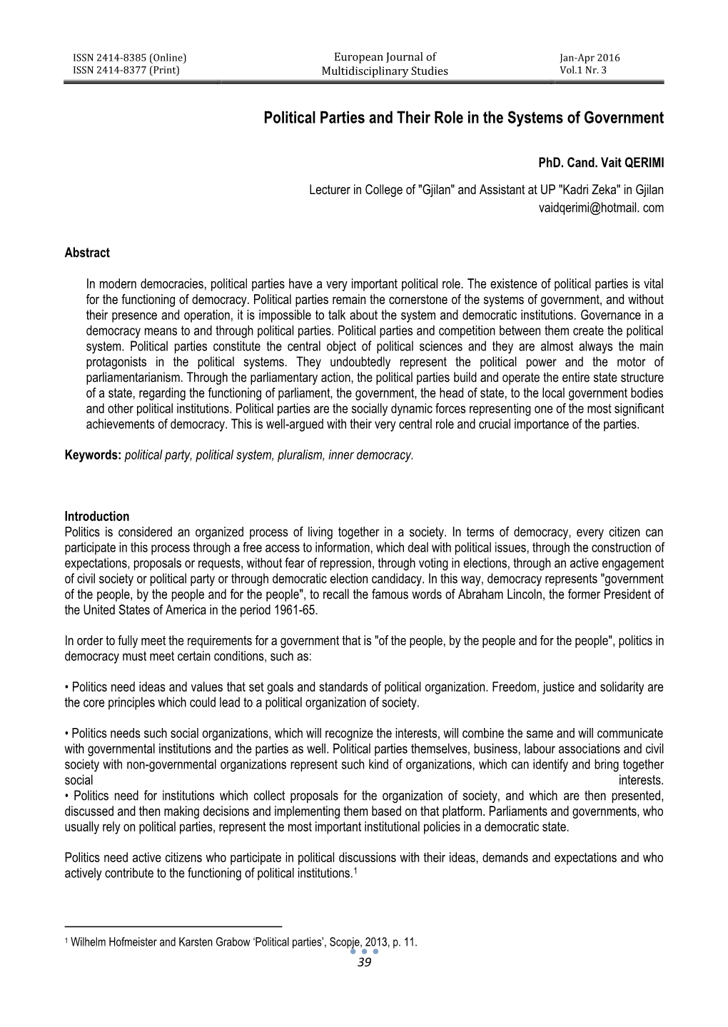 Political Parties and Their Role in the Systems of Government