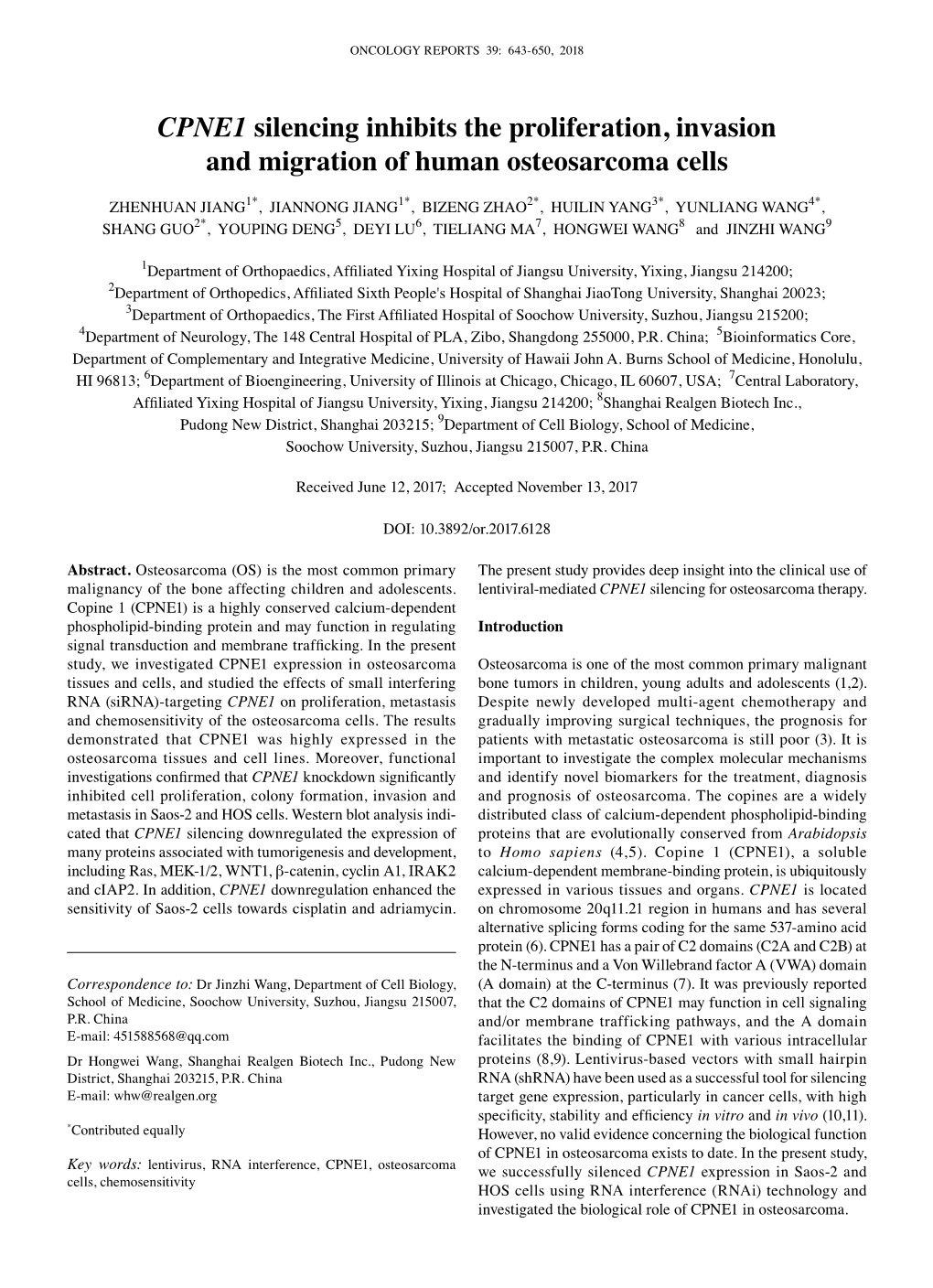 CPNE1 Silencing Inhibits the Proliferation, Invasion and Migration of Human Osteosarcoma Cells