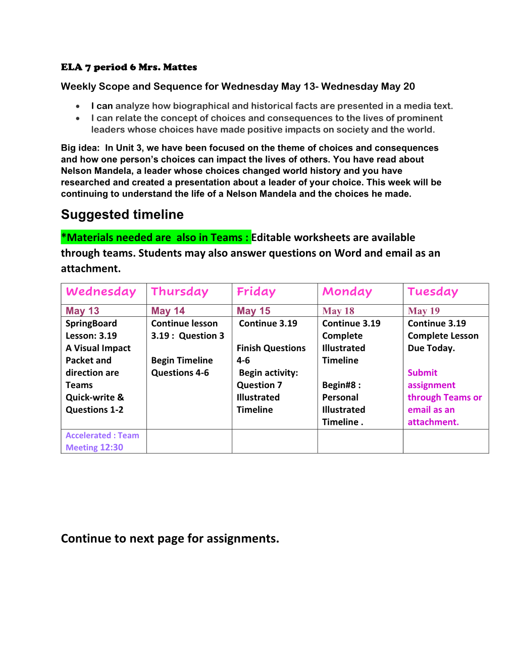 Suggested Timeline Continue to Next Page for Assignments