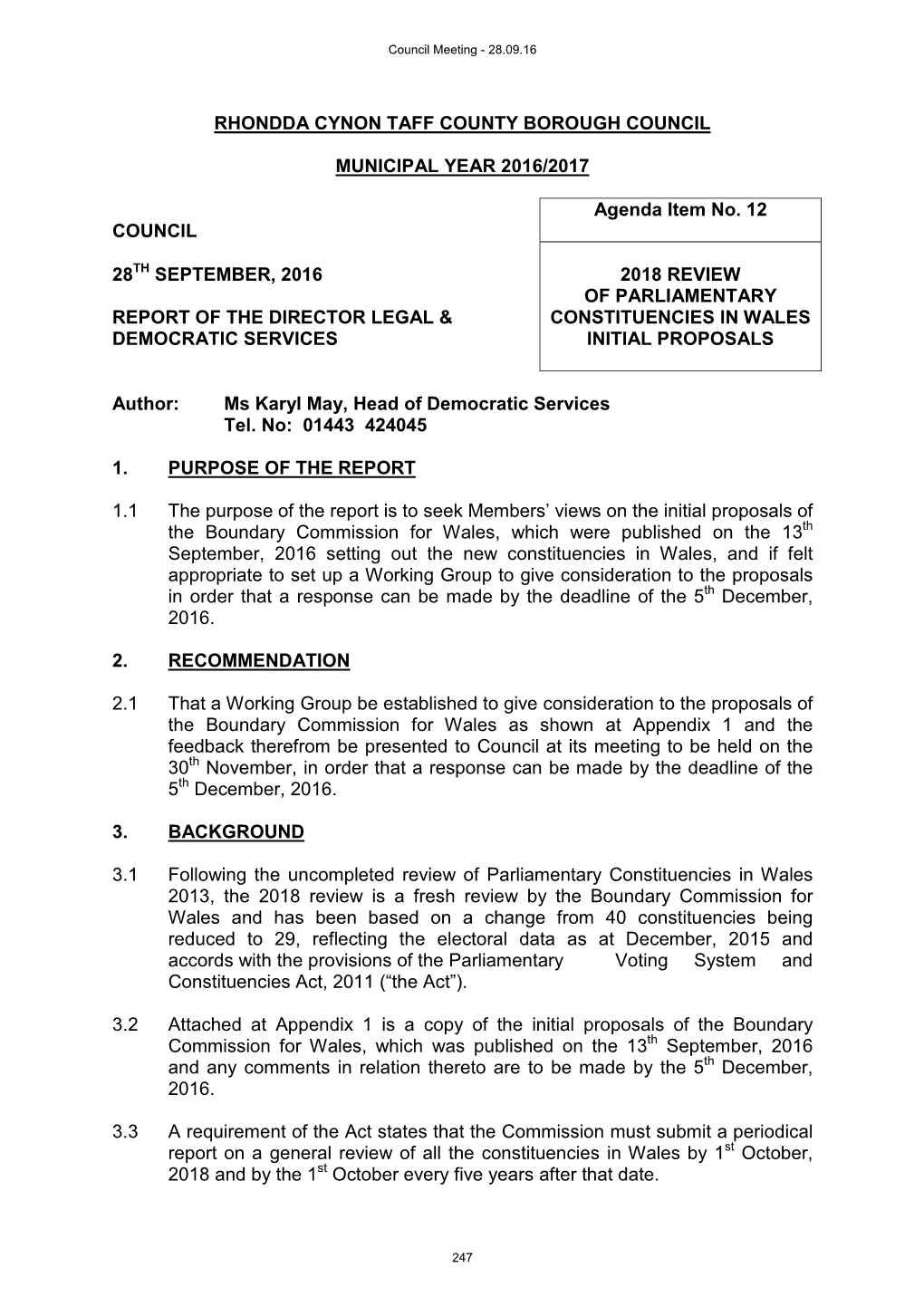 Agenda Item 12 Review of Parliamentary Constituencies