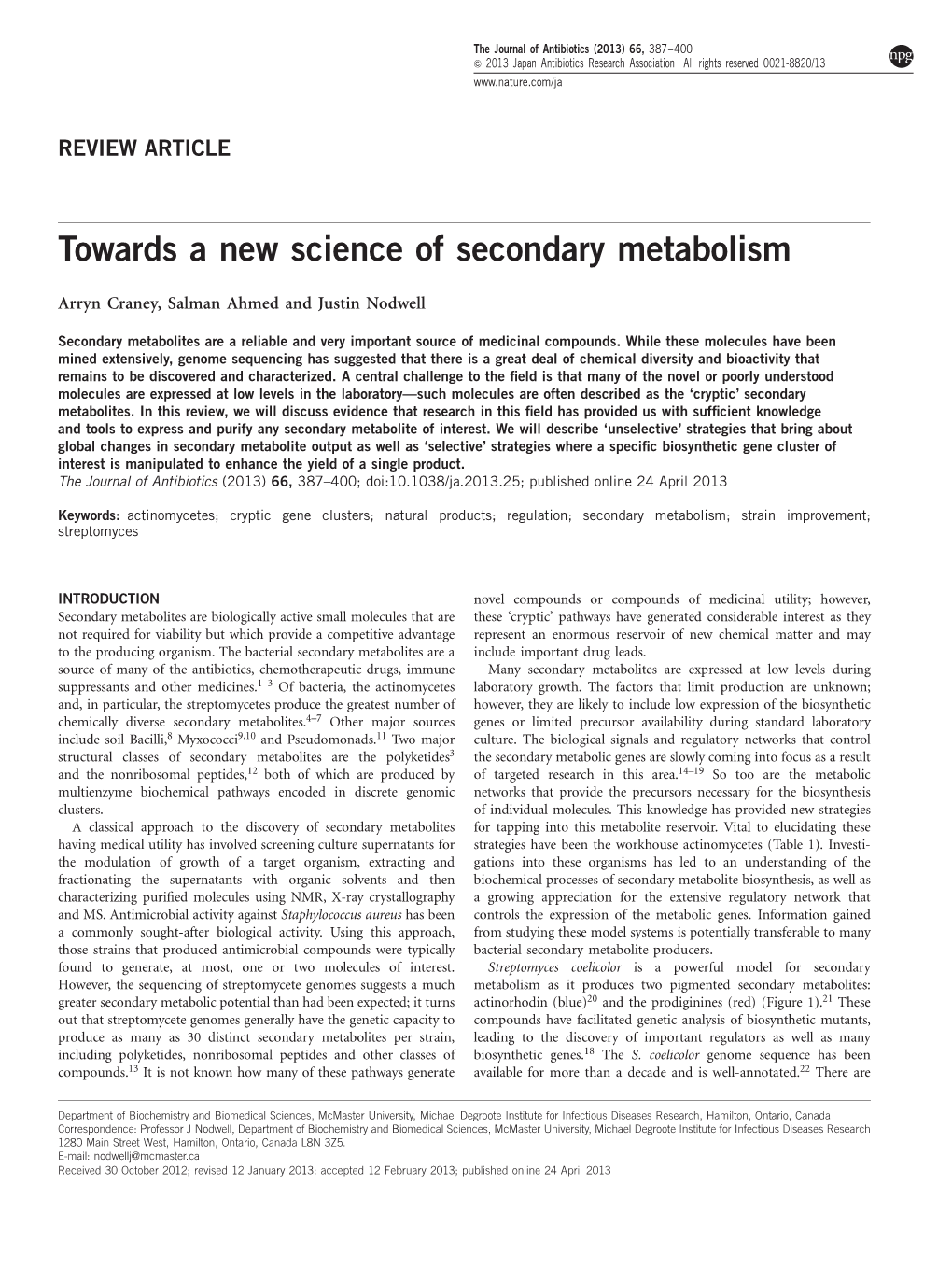 Towards a New Science of Secondary Metabolism