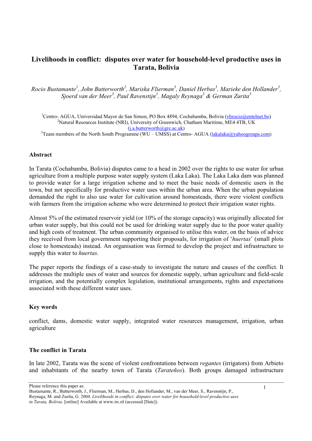 Livelihoods in Conflict: Disputes Over Water for Household-Level Productive Uses in Tarata, Bolivia