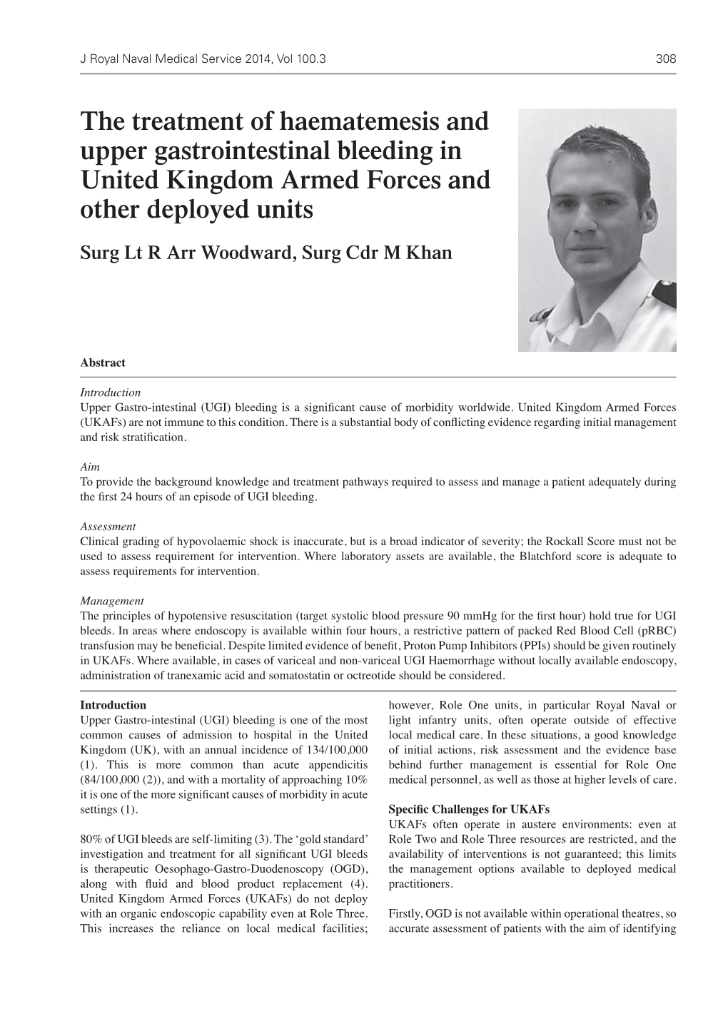 The Treatment of Haematemesis and Upper Gastrointestinal Bleeding in United Kingdom Armed Forces and Other Deployed Units