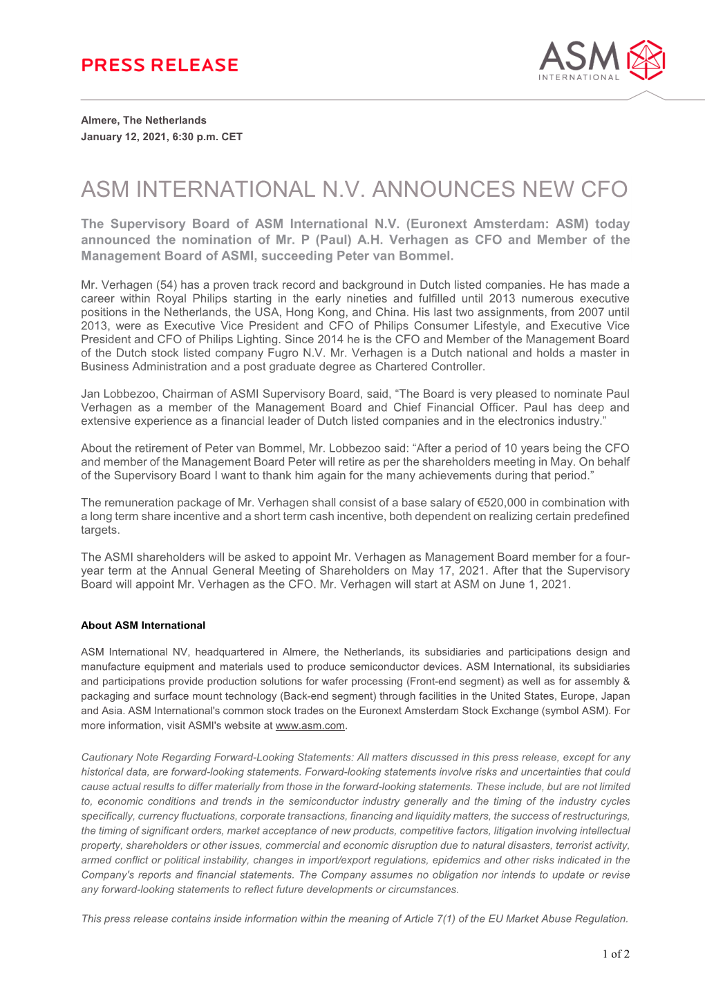 Asm International N.V. Announces New Cfo