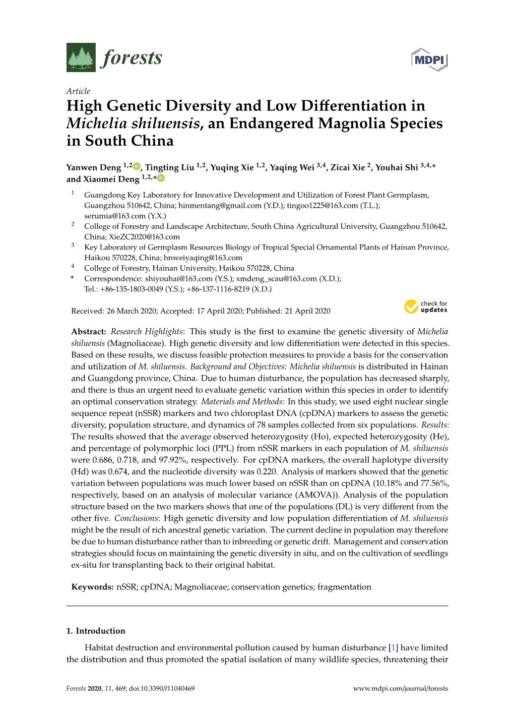 High Genetic Diversity and Low Differentiation in Michelia