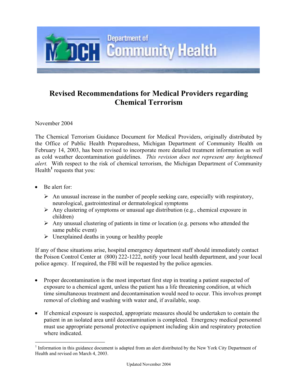 Revised Recommendations for Medical Providers Regarding Chemical Terrorism
