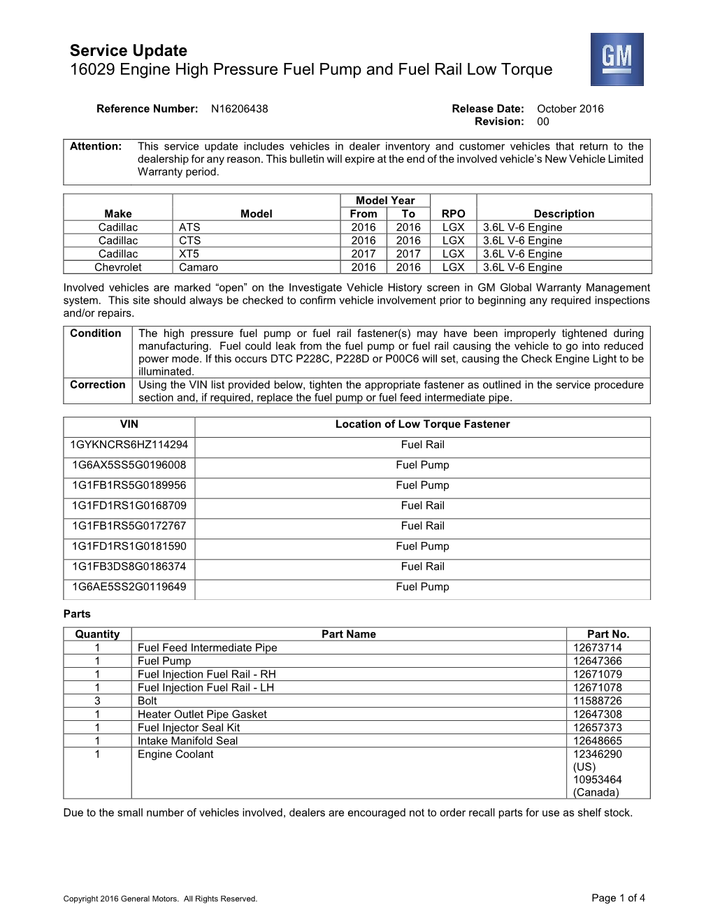 Service Update 16029 Engine High Pressure Fuel Pump and Fuel Rail Low Torque