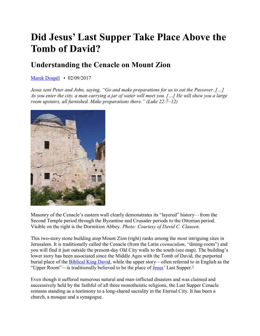 Did Jesus' Last Supper Take Place Above the Tomb of David?