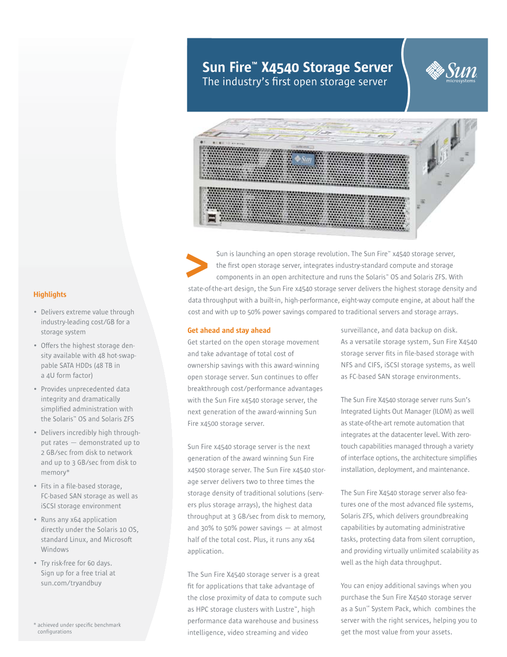 Sun Fire™ X4540 Storage Server the Industry’S First Open Storage Server