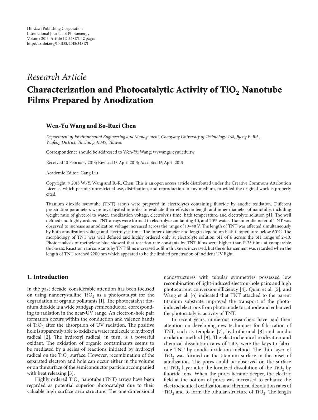 Characterization and Photocatalytic Activity of Tio 2 Nanotube Films