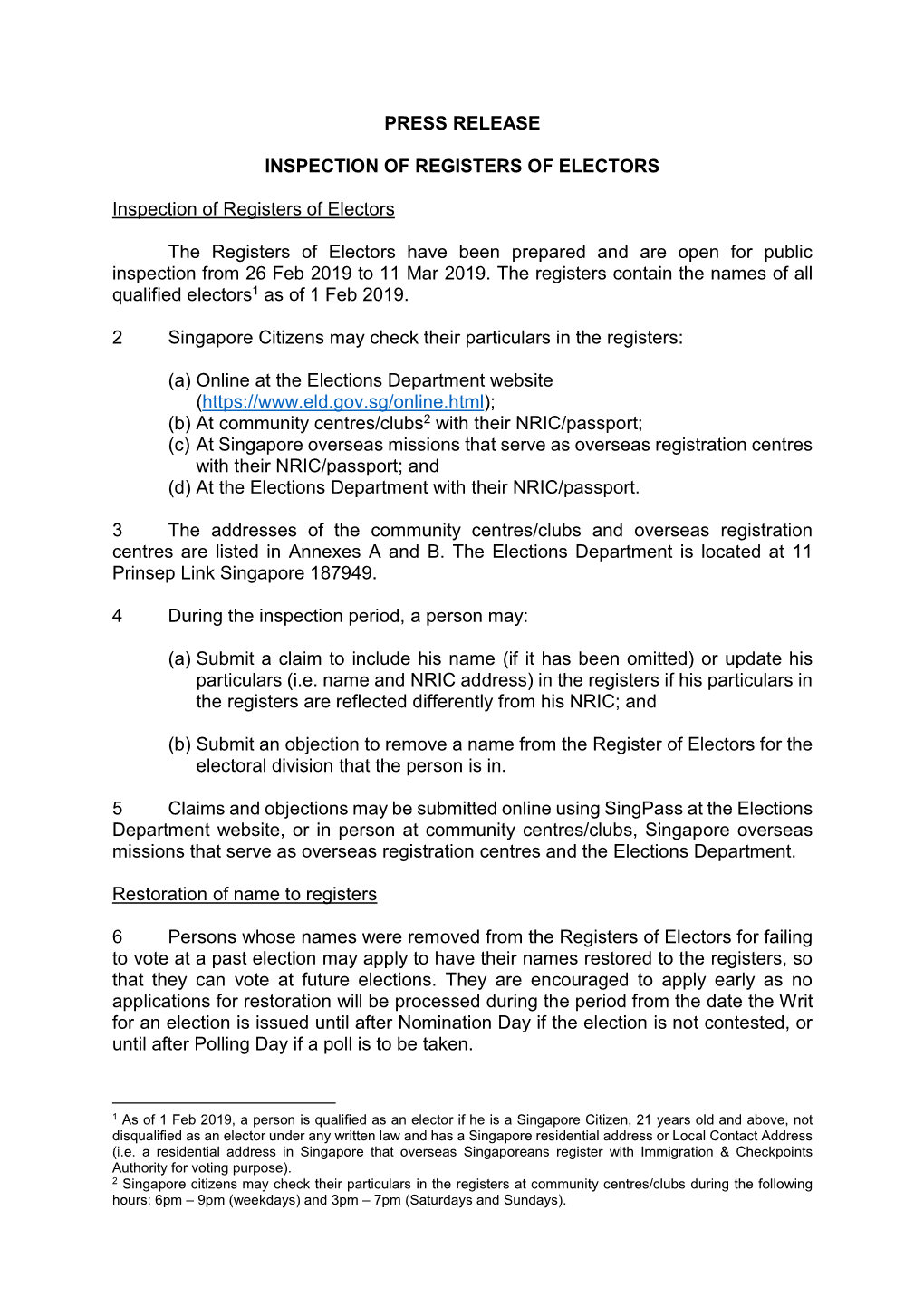 PRESS RELEASE Press Release on Inspection of Registers of Electors
