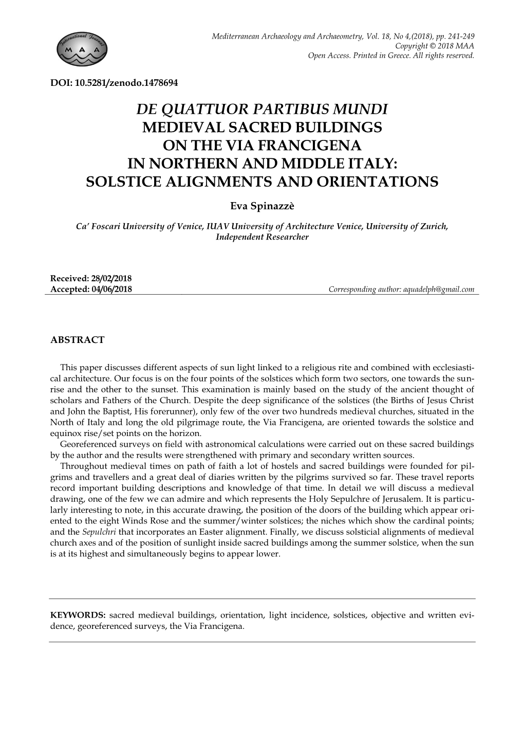 De Quattuor Partibus Mundi Medieval Sacred Buildings on the Via Francigena in Northern and Middle Italy: Solstice Alignments and Orientations