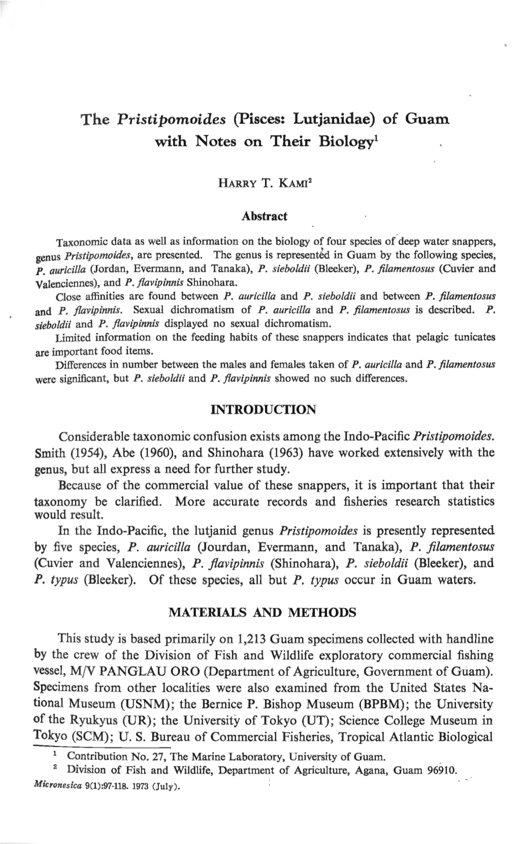 The Pristipomoides (Pisces: Lutjanidae) of Guam with Notes on Their Biology1