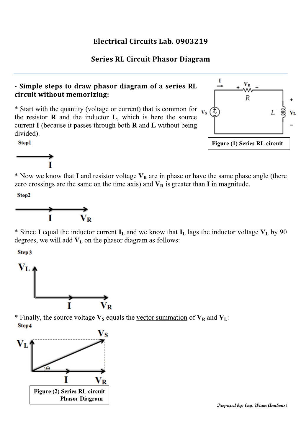 Electrical Circuits Lab. 0903219 Series RL Circuit Phasor Diagram