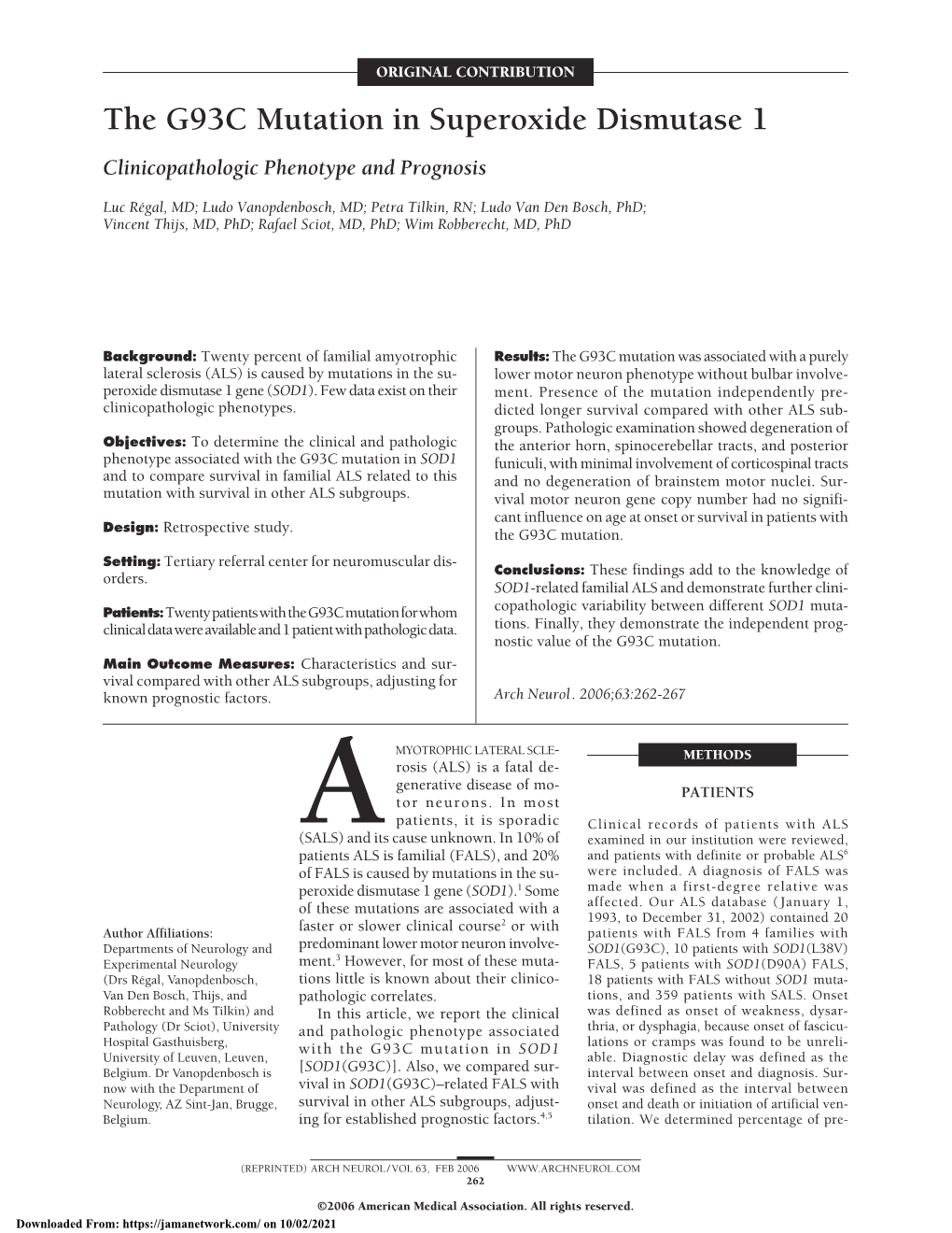 The G93C Mutation in Superoxide Dismutase 1 Clinicopathologic Phenotype and Prognosis