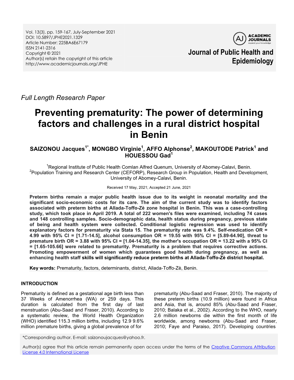 Preventing Prematurity: the Power of Determining Factors and Challenges in a Rural District Hospital in Benin