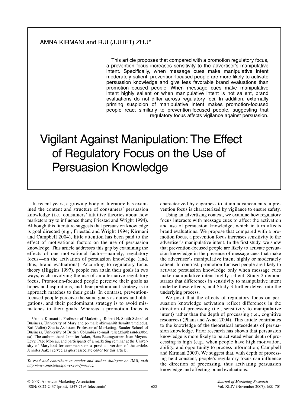 The Effect of Regulatory Focus on the Use of Persuasion Knowledge