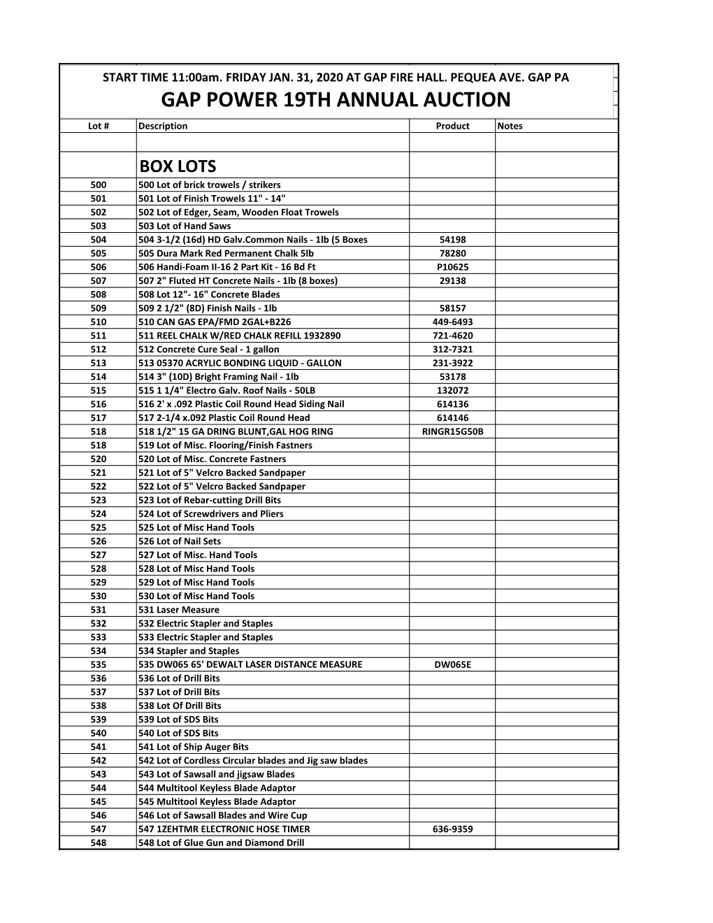 GAP POWER 19TH ANNUAL AUCTION Lot # Description Product Notes