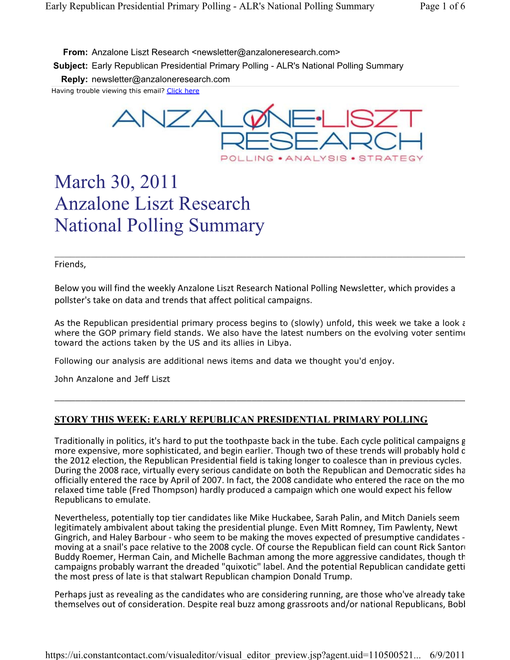 Early Republican Presidential Primary Polling - ALR's National Polling Summary Page 1 of 6