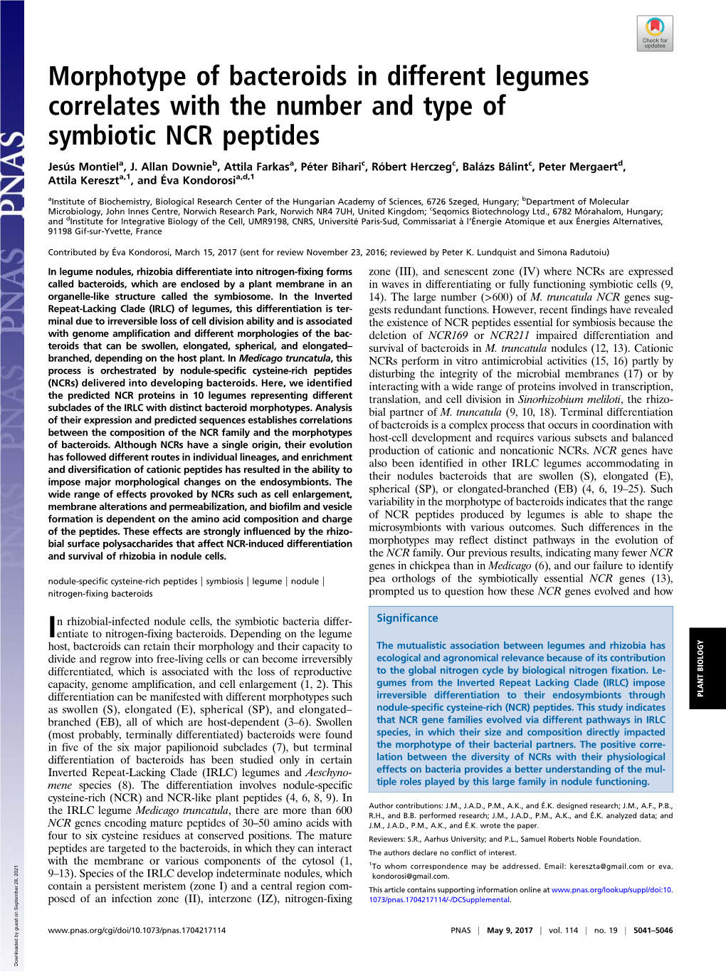 Morphotype of Bacteroids in Different Legumes Correlates with the Number and Type of Symbiotic NCR Peptides