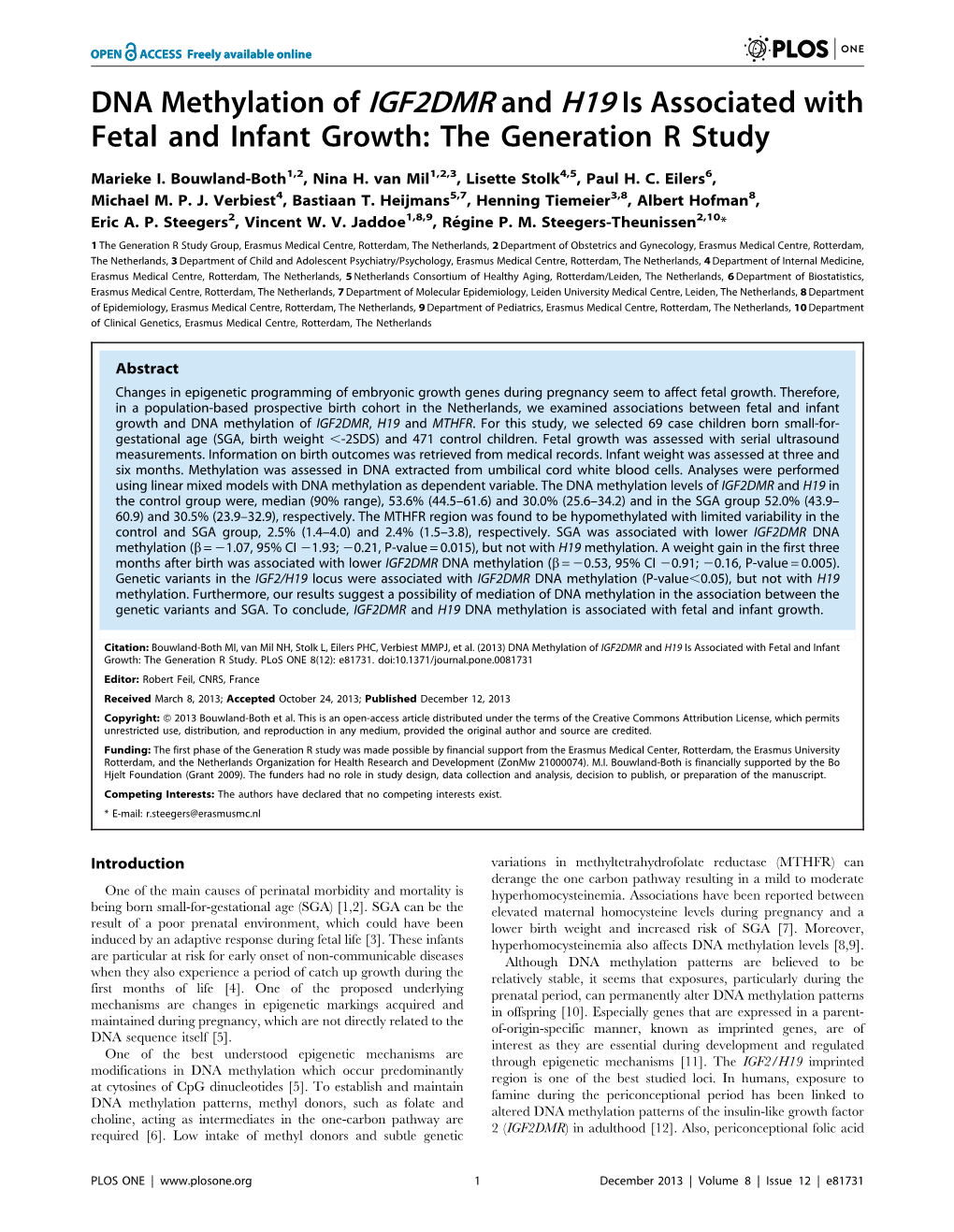 DNA Methylation of IGF2DMR and H19 Is Associated with Fetal and Infant Growth: the Generation R Study