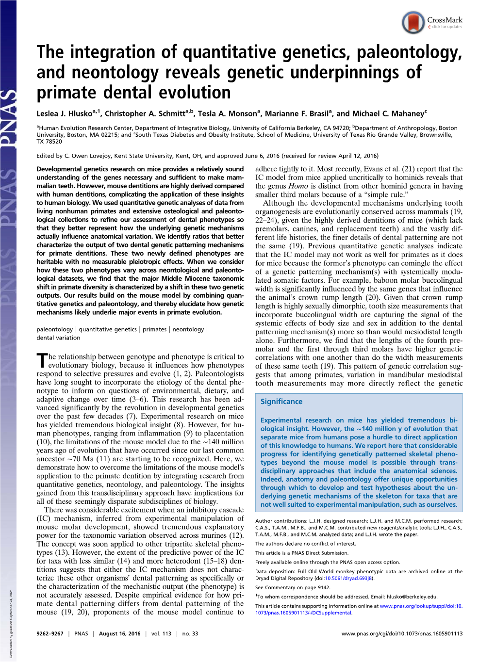 The Integration of Quantitative Genetics, Paleontology, and Neontology Reveals Genetic Underpinnings of Primate Dental Evolution