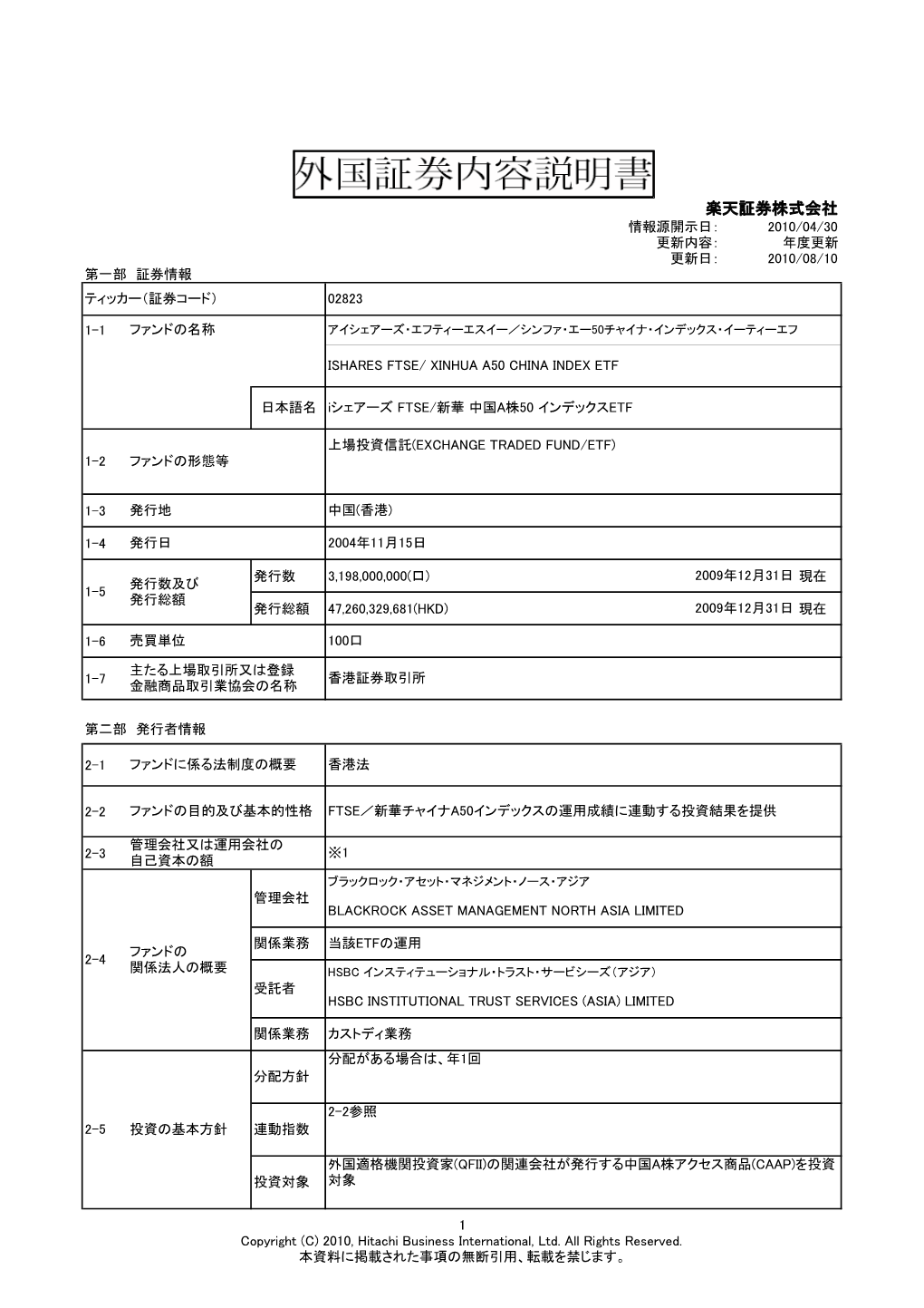 楽天証券株式会社 情報源開示日： 2010/04/30 更新内容： 年度更新 更新日： 2010/08/10 第一部 証券情報 ティッカー（証券コード） 02823